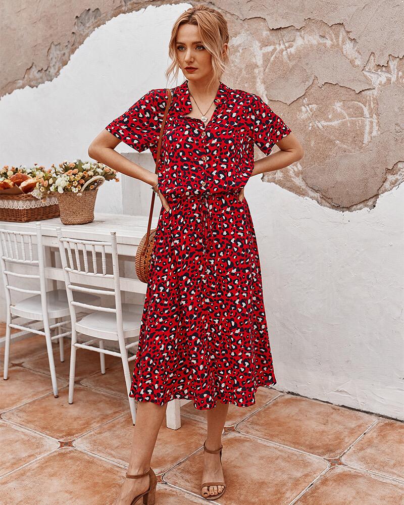 Women's Leopard Print Button-Front Midi Dress with Tie Waist 8