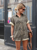 Women's Leopard Print Short Sleeve Romper with Button Front 1