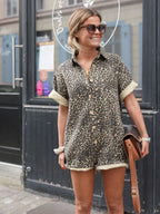 Women's Leopard Print Short Sleeve Romper with Button Front 2