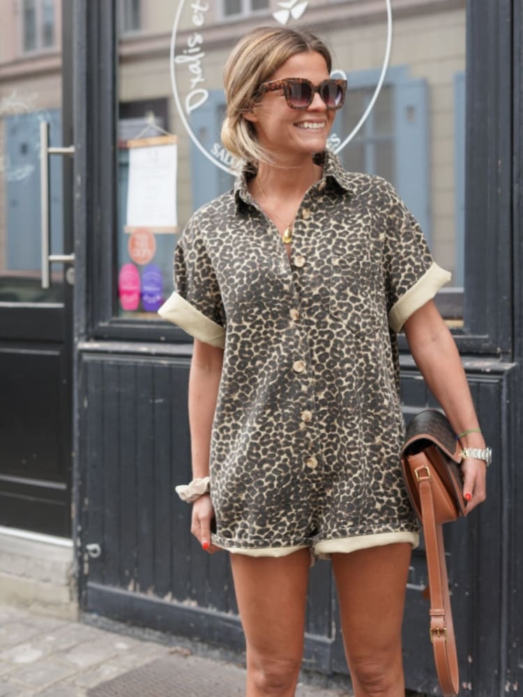 Women's Leopard Print Short Sleeve Romper with Button Front 2