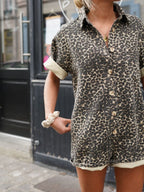 Women's Leopard Print Short Sleeve Romper with Button Front 4