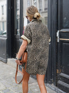 Women's Leopard Print Short Sleeve Romper with Button Front 6