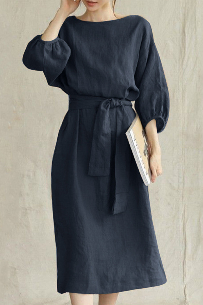 Women's Linen Blend Midi Dress with Tie Waist and Boat Neckline 1