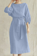Women's Linen Blend Midi Dress with Tie Waist and Boat Neckline 10