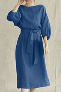 Women's Linen Blend Midi Dress with Tie Waist and Boat Neckline 11