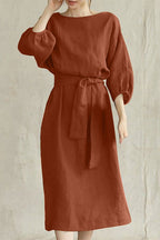 Women's Linen Blend Midi Dress with Tie Waist and Boat Neckline 12