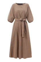 Women's Linen Blend Midi Dress with Tie Waist and Boat Neckline 13
