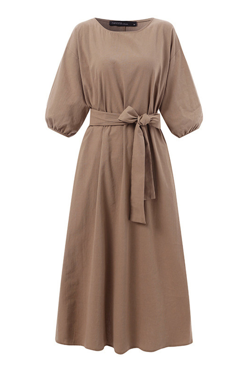 Women's Linen Blend Midi Dress with Tie Waist and Boat Neckline 13