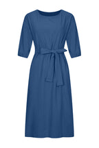 Women's Linen Blend Midi Dress with Tie Waist and Boat Neckline 14