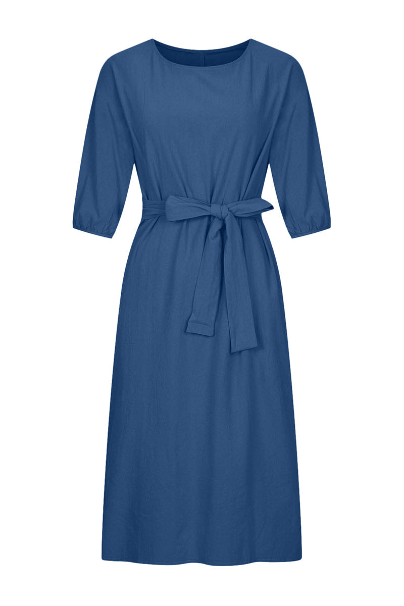 Women's Linen Blend Midi Dress with Tie Waist and Boat Neckline 14