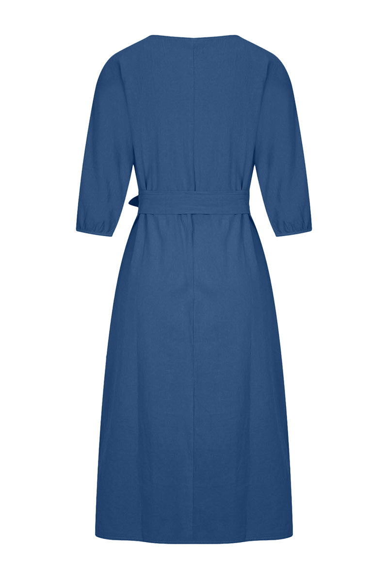 Women's Linen Blend Midi Dress with Tie Waist and Boat Neckline 15
