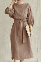 Women's Linen Blend Midi Dress with Tie Waist and Boat Neckline 2