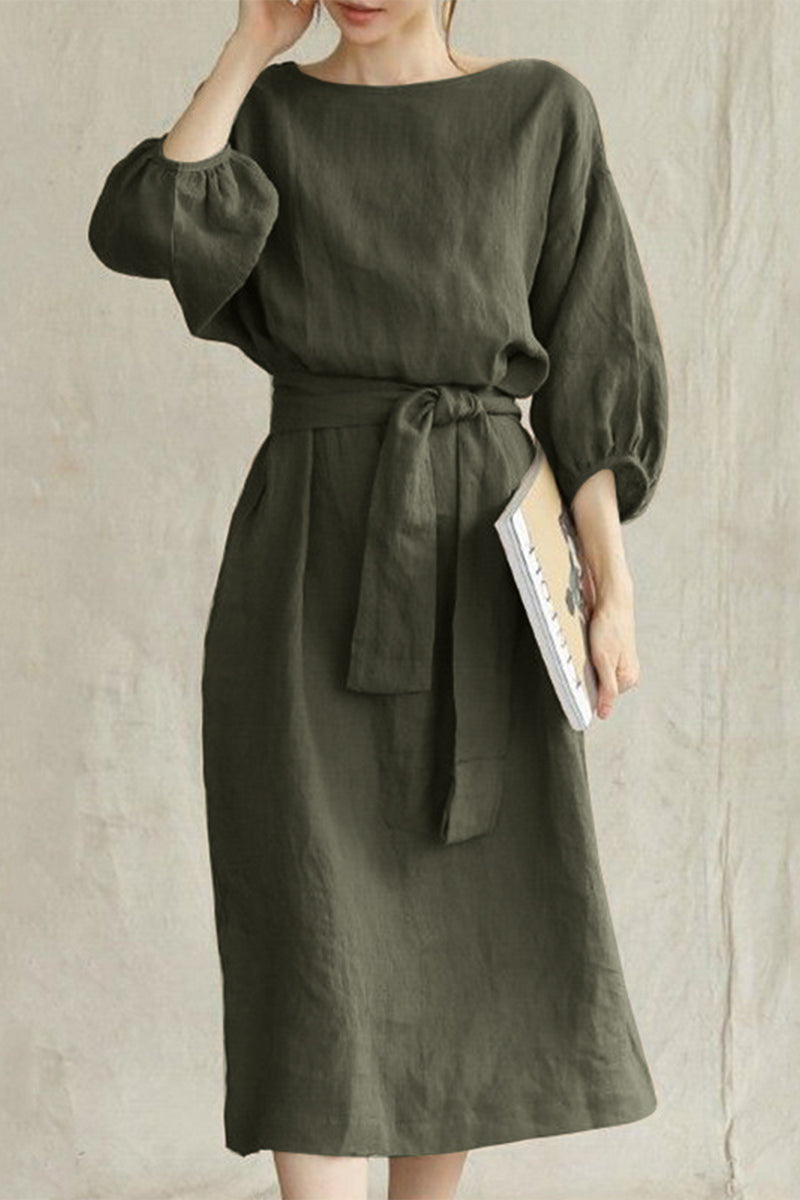Women's Linen Blend Midi Dress with Tie Waist and Boat Neckline 3