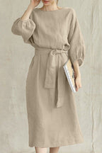Women's Linen Blend Midi Dress with Tie Waist and Boat Neckline 4