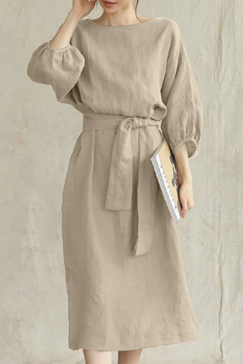 Women's Linen Blend Midi Dress with Tie Waist and Boat Neckline 4