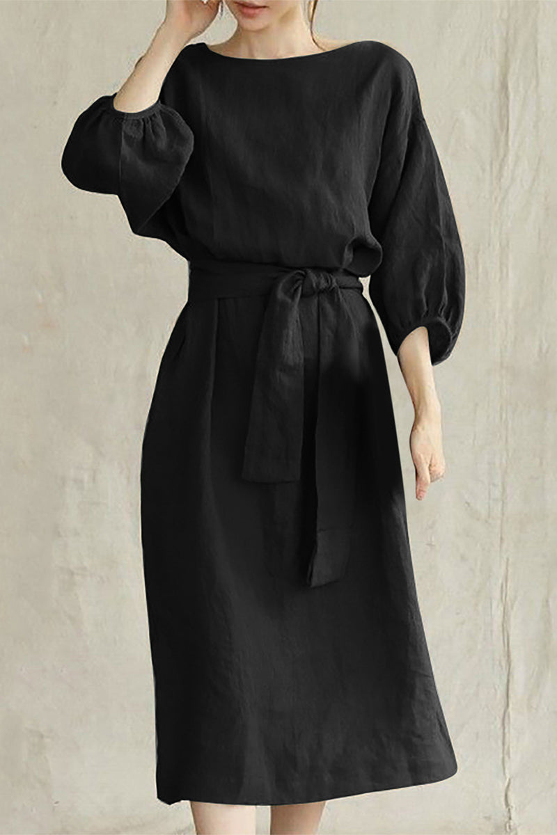 Women's Linen Blend Midi Dress with Tie Waist and Boat Neckline 5