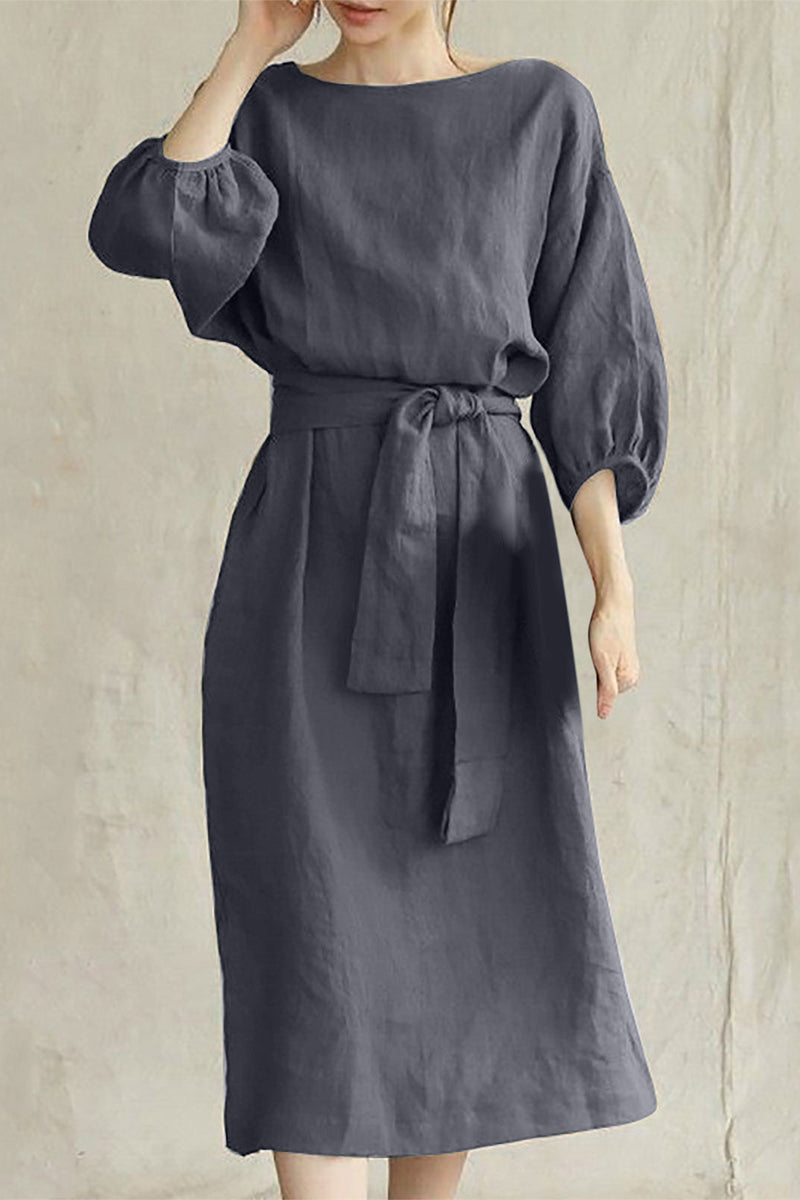 Women's Linen Blend Midi Dress with Tie Waist and Boat Neckline 6