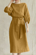 Women's Linen Blend Midi Dress with Tie Waist and Boat Neckline 7