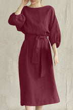 Women's Linen Blend Midi Dress with Tie Waist and Boat Neckline 8