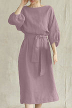 Women's Linen Blend Midi Dress with Tie Waist and Boat Neckline 9