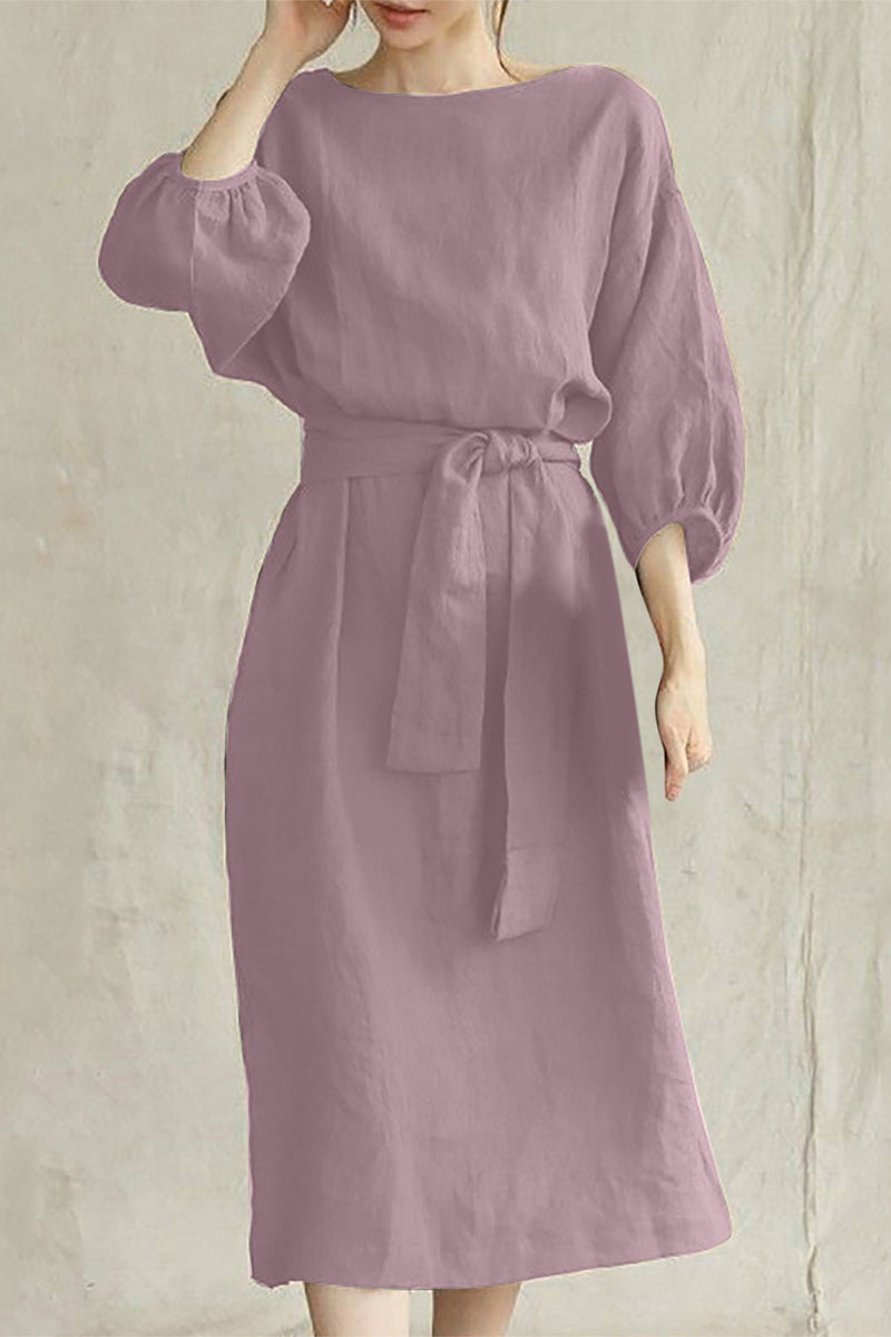 Women's Linen Blend Midi Dress with Tie Waist and Boat Neckline 9