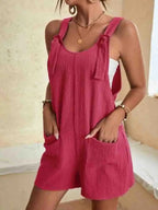 Women's Linen-Blend Romper with Adjustable Tie Straps and Wide-Leg Shorts 4