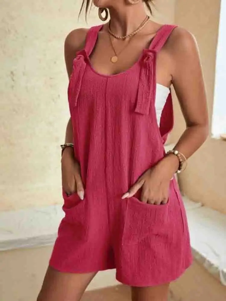 Women's Linen-Blend Romper with Adjustable Tie Straps and Wide-Leg Shorts 4