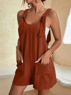 Women's Linen-Blend Romper with Adjustable Tie Straps and Wide-Leg Shorts 6