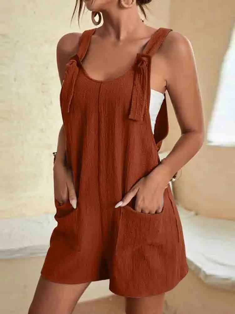 Women's Linen-Blend Romper with Adjustable Tie Straps and Wide-Leg Shorts 6