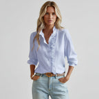 Women's Long Sleeve Blouse with Ruffle Collar and Button Placket 1