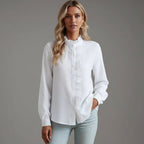 Women's Long Sleeve Blouse with Ruffle Collar and Button Placket 2
