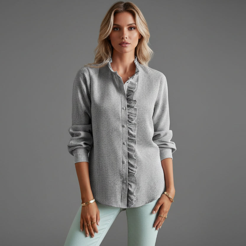 Women's Long Sleeve Blouse with Ruffle Collar and Button Placket 3