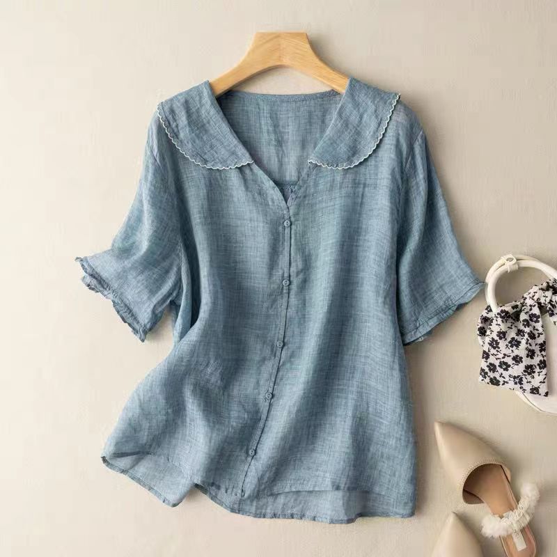 Women's Long Sleeve Blouse with Scalloped Collar and Button Front 3