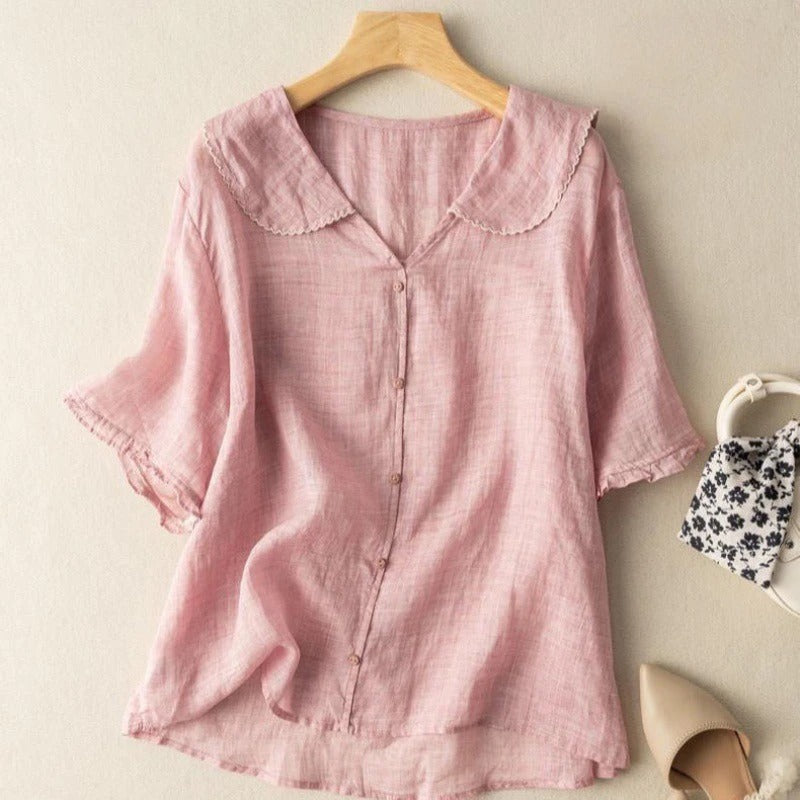 Women's Long Sleeve Blouse with Scalloped Collar and Button Front 4