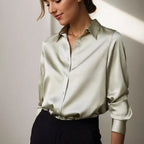 Women's Long Sleeve Button-Front Satin Blouse with Collar 1
