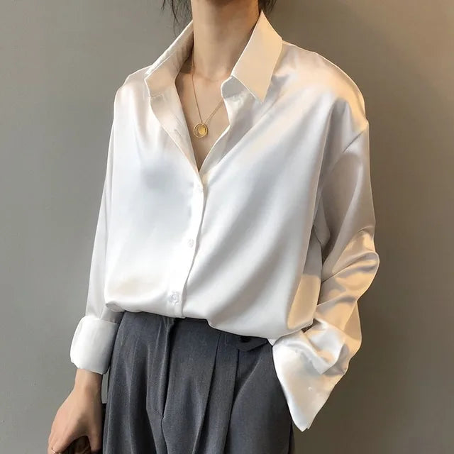 Women's Long Sleeve Button-Front Satin Blouse with Collar 2
