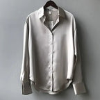 Women's Long Sleeve Button-Front Satin Blouse with Collar 3