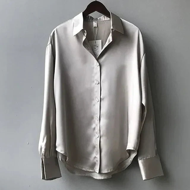 Women's Long Sleeve Button-Front Satin Blouse with Collar 3