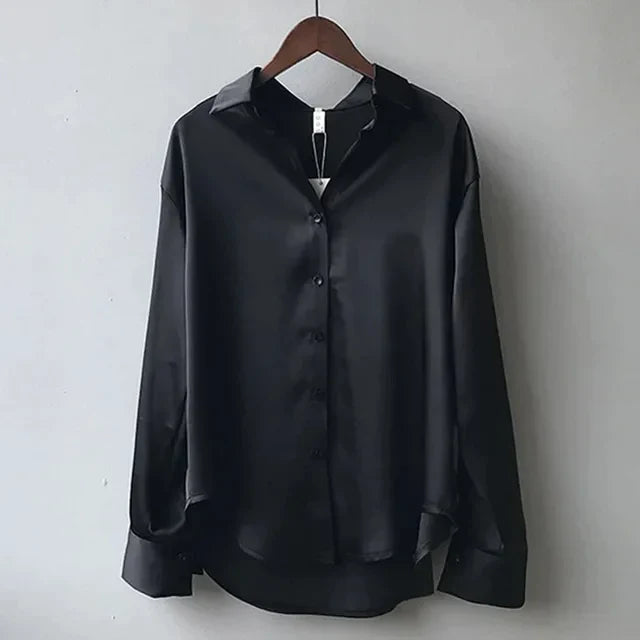 Women's Long Sleeve Button-Front Satin Blouse with Collar 4