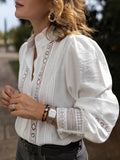 Women's Long Sleeve Button-Up Blouse with Lace Inserts and Stand Collar 1