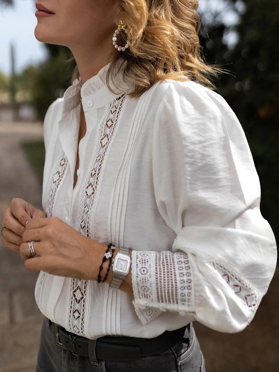 Women's Long Sleeve Button-Up Blouse with Lace Inserts and Stand Collar 1