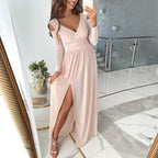 Women's Long Sleeve Floor Length Dress with Lace Details 1