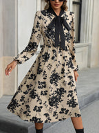 Women's Long Sleeve Floral Print A-Line Dress with Bow-Tie Neckline 3