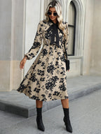 Women's Long Sleeve Floral Print A-Line Dress with Bow-Tie Neckline 4