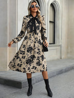 Women's Long Sleeve Floral Print A-Line Dress with Bow-Tie Neckline 6