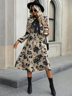 Women's Long Sleeve Floral Print A-Line Dress with Bow-Tie Neckline 7