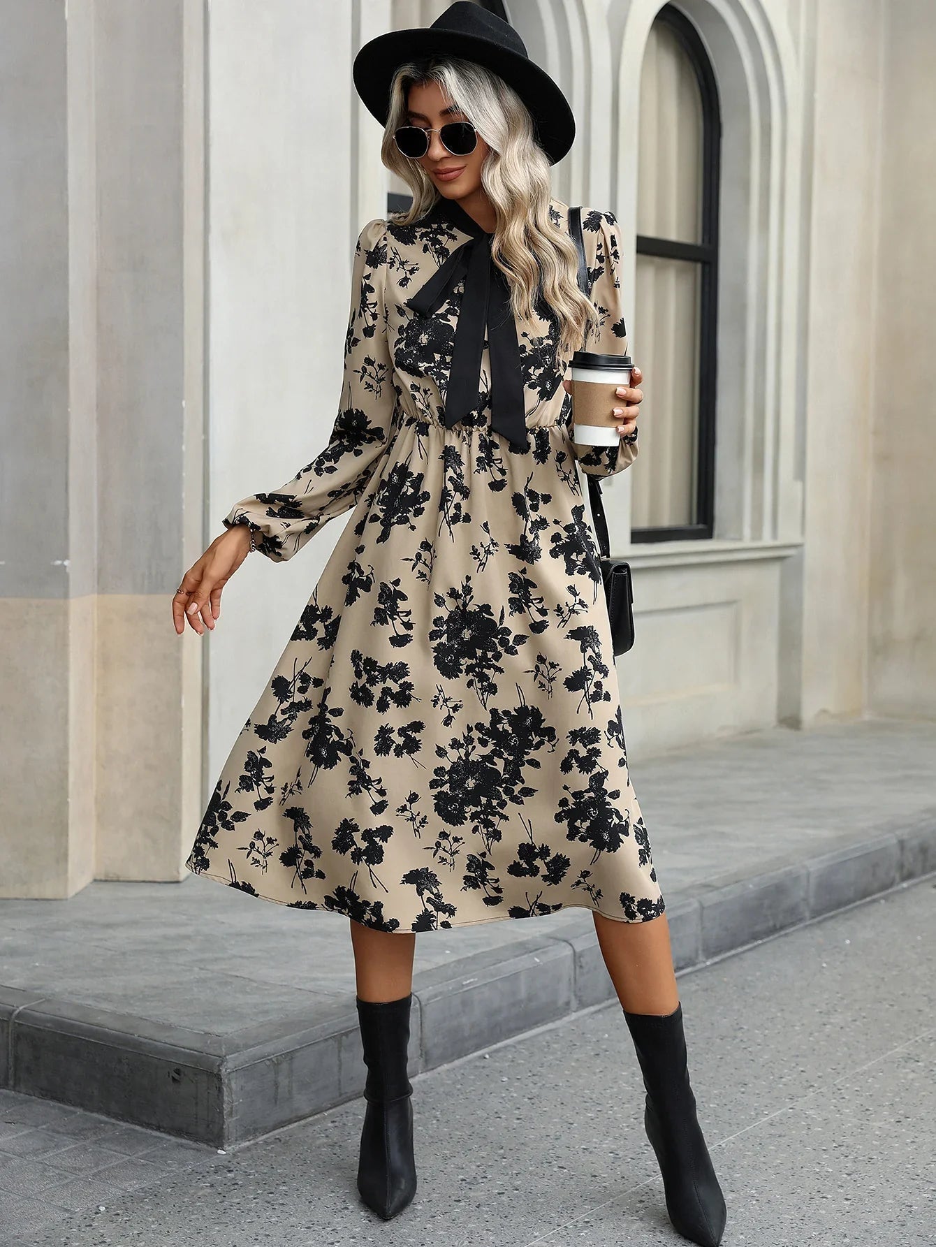 Women's Long Sleeve Floral Print A-Line Dress with Bow-Tie Neckline 7