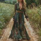 Women's Long Sleeve Floral Print Maxi Dress with Button Front Closure 1