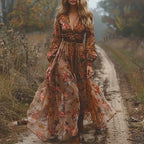 Women's Long Sleeve Floral Print Maxi Dress with Button Front Closure 4