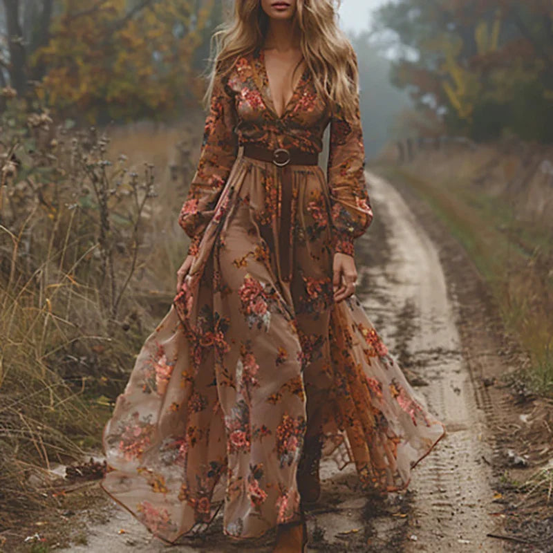 Women's Long Sleeve Floral Print Maxi Dress with Button Front Closure 4
